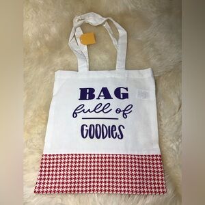 NWT “bag full of goodies” shopping bag white w red & white plaid base handmade